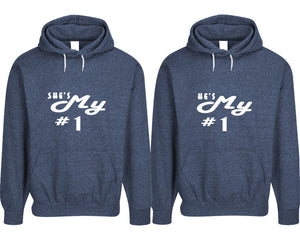 She's My Number 1 and He's My Number 1 pullover speckle hoodies, Matching couple hoodies, Denim his and hers man and woman contrast raglan hoodies