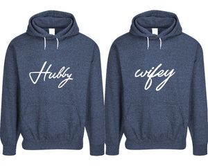 Hubby and Wifey pullover speckle hoodies, Matching couple hoodies, Denim his and hers man and woman contrast raglan hoodies