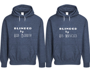 Blinded by Her Beauty and Blinded by His Muscles pullover speckle hoodies, Matching couple hoodies, Denim his and hers man and woman contrast raglan hoodies