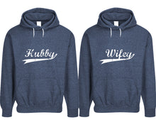 Görseli Galeri görüntüleyiciye yükleyin, Hubby and Wifey pullover speckle hoodies, Matching couple hoodies, Denim his and hers man and woman contrast raglan hoodies
