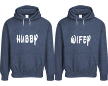 將圖片載入圖庫檢視器 Hubby and Wifey pullover speckle hoodies, Matching couple hoodies, Denim his and hers man and woman contrast raglan hoodies
