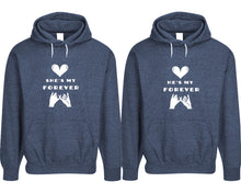 Load image into Gallery viewer, She&#39;s My Forever and He&#39;s My Forever pullover speckle hoodies, Matching couple hoodies, Denim his and hers man and woman contrast raglan hoodies

