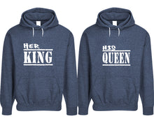 將圖片載入圖庫檢視器 Her King and His Queen pullover speckle hoodies, Matching couple hoodies, Denim his and hers man and woman contrast raglan hoodies
