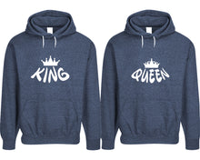 Cargar imagen en el visor de la galería, King and Queen pullover speckle hoodies, Matching couple hoodies, Denim his and hers man and woman contrast raglan hoodies
