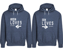 Load image into Gallery viewer, She Loves Me and He Loves Me pullover speckle hoodies, Matching couple hoodies, Denim his and hers man and woman contrast raglan hoodies
