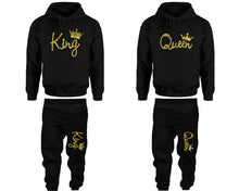 Cargar imagen en el visor de la galería, King and Queen matching top and bottom set, Gold Foil hoodie and sweatpants sets for mens hoodie and jogger set womens. Matching couple joggers.
