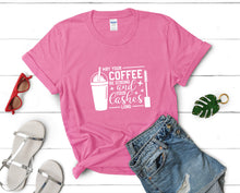 Load image into Gallery viewer, May Your Coffee Be Strong and Your Lashes Long t shirts for women. Custom t shirts, ladies t shirts. Pink shirt, tee shirts.

