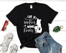 Load image into Gallery viewer, Cat Mother Wine Lover t shirts for women. Custom t shirts, ladies t shirts. Black shirt, tee shirts.
