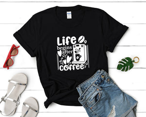 Life Begins After Coffee t shirts for women. Custom t shirts, ladies t shirts. Black shirt, tee shirts.