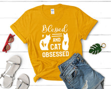 將圖片載入圖庫檢視器 Blessed and Cat Obsessed t shirts for women. Custom t shirts, ladies t shirts. Gold shirt, tee shirts.
