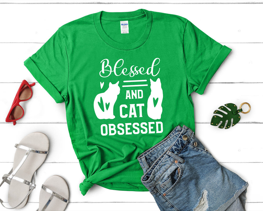 Blessed and Cat Obsessed t shirts for women. Custom t shirts, ladies t shirts. Irish Green shirt, tee shirts.