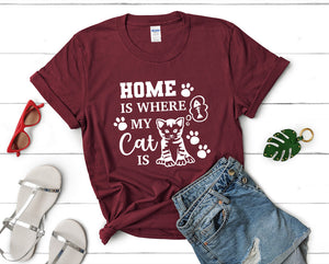 Home is Where My Cat is t shirts for women. Custom t shirts, ladies t shirts. Maroon shirt, tee shirts.