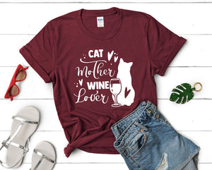 Cat Mother Wine Lover t shirts for women. Custom t shirts, ladies t shirts. Maroon shirt, tee shirts.