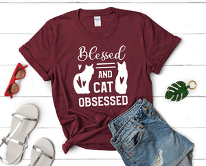 Blessed and Cat Obsessed t shirts for women. Custom t shirts, ladies t shirts. Maroon shirt, tee shirts.