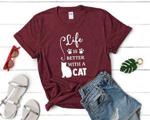 Life is Better With a Cat t shirts for women. Custom t shirts, ladies t shirts. Maroon shirt, tee shirts.