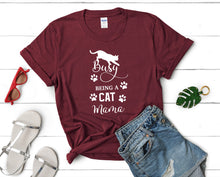 Load image into Gallery viewer, Busy Being a Cat Mama t shirts for women. Custom t shirts, ladies t shirts. Maroon shirt, tee shirts.
