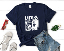 將圖片載入圖庫檢視器 Life Begins After Coffee t shirts for women. Custom t shirts, ladies t shirts. Navy Blue shirt, tee shirts.
