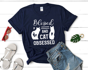 Blessed and Cat Obsessed t shirts for women. Custom t shirts, ladies t shirts. Navy Blue shirt, tee shirts.