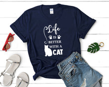 將圖片載入圖庫檢視器 Life is Better With a Cat t shirts for women. Custom t shirts, ladies t shirts. Navy Blue shirt, tee shirts.
