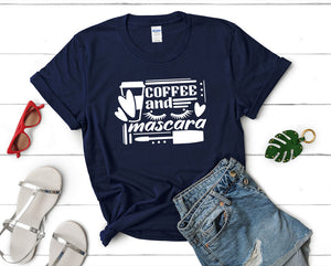 Coffee and Mascara t shirts for women. Custom t shirts, ladies t shirts. Navy Blue shirt, tee shirts.