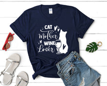 Load image into Gallery viewer, Cat Mother Wine Lover t shirts for women. Custom t shirts, ladies t shirts. Navy Blue shirt, tee shirts.
