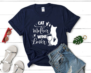 Cat Mother Wine Lover t shirts for women. Custom t shirts, ladies t shirts. Navy Blue shirt, tee shirts.