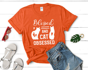 Blessed and Cat Obsessed t shirts for women. Custom t shirts, ladies t shirts. Orange shirt, tee shirts.