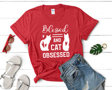 將圖片載入圖庫檢視器 Blessed and Cat Obsessed t shirts for women. Custom t shirts, ladies t shirts. Red shirt, tee shirts.
