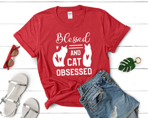 Blessed and Cat Obsessed t shirts for women. Custom t shirts, ladies t shirts. Red shirt, tee shirts.