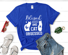 將圖片載入圖庫檢視器 Blessed and Cat Obsessed t shirts for women. Custom t shirts, ladies t shirts. Royal Blue shirt, tee shirts.
