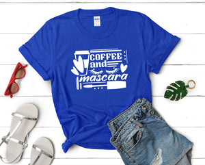 Coffee and Mascara t shirts for women. Custom t shirts, ladies t shirts. Royal Blue shirt, tee shirts.