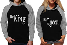 Load image into Gallery viewer, Her King and His Queen raglan hoodies, Matching couple hoodies, Grey Black King Queen design on man and woman hoodies
