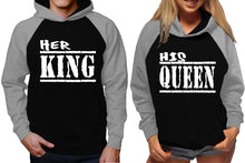 將圖片載入圖庫檢視器 Her King and His Queen raglan hoodies, Matching couple hoodies, Grey Black King Queen design on man and woman hoodies
