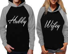 Cargar imagen en el visor de la galería, Hubby and Wifey raglan hoodies, Matching couple hoodies, Grey Black his and hers man and woman contrast raglan hoodies
