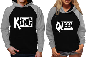 King and Queen raglan hoodies, Matching couple hoodies, Grey Black King Queen design on man and woman hoodies