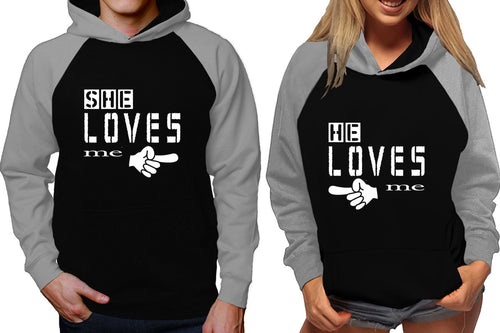 She Loves Me and He Loves Me raglan hoodies, Matching couple hoodies, Grey Black his and hers man and woman contrast raglan hoodies