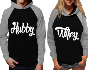 Hubby and Wifey raglan hoodies, Matching couple hoodies, Grey Black his and hers man and woman contrast raglan hoodies