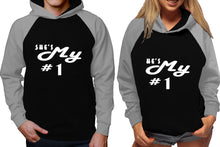 Görseli Galeri görüntüleyiciye yükleyin, She&#39;s My Number 1 and He&#39;s My Number 1 raglan hoodies, Matching couple hoodies, Grey Black his and hers man and woman contrast raglan hoodies
