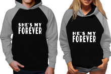 Görseli Galeri görüntüleyiciye yükleyin, She&#39;s My Forever and He&#39;s My Forever raglan hoodies, Matching couple hoodies, Grey Black his and hers man and woman contrast raglan hoodies
