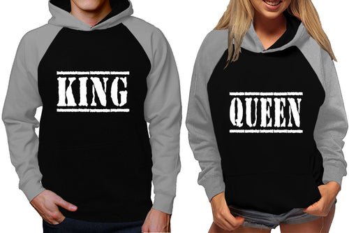 King and Queen raglan hoodies, Matching couple hoodies, Grey Black King Queen design on man and woman hoodies