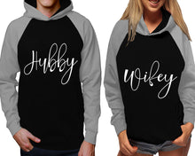 將圖片載入圖庫檢視器 Hubby and Wifey raglan hoodies, Matching couple hoodies, Grey Black his and hers man and woman contrast raglan hoodies
