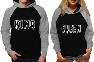King and Queen raglan hoodies, Matching couple hoodies, Grey Black King Queen design on man and woman hoodies