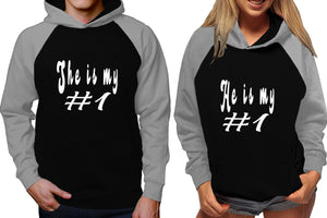 She's My Number 1 and He's My Number 1 raglan hoodies, Matching couple hoodies, Grey Black his and hers man and woman contrast raglan hoodies