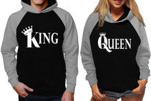 Load image into Gallery viewer, King and Queen raglan hoodies, Matching couple hoodies, Grey Black King Queen design on man and woman hoodies
