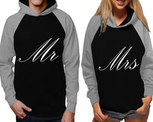 Load image into Gallery viewer, Mr and Mrs raglan hoodies, Matching couple hoodies, Grey Black his and hers man and woman contrast raglan hoodies
