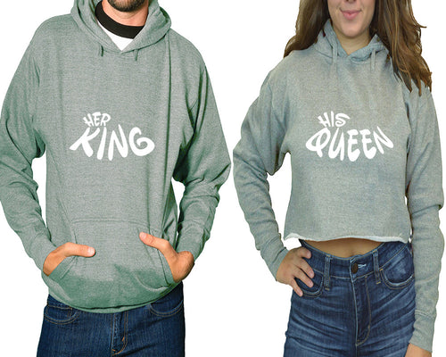 Her King and His Queen hoodies, Matching couple hoodies, Sports Grey pullover hoodie for man Sports Grey crop top hoodie for woman