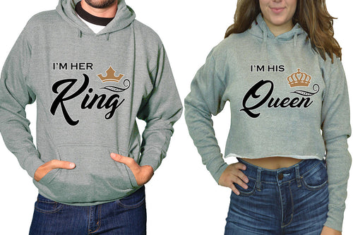 King and Queen hoodies, Matching couple hoodies, Sports Grey pullover hoodie for man Sports Grey crop top hoodie for woman