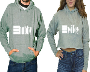 Hubby and Wifey hoodies, Matching couple hoodies, Sports Grey pullover hoodie for man Sports Grey crop top hoodie for woman