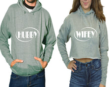 Load image into Gallery viewer, Hubby and Wifey hoodies, Matching couple hoodies, Sports Grey pullover hoodie for man Sports Grey crop top hoodie for woman
