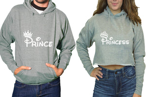 Prince and Princess hoodies, Matching couple hoodies, Sports Grey pullover hoodie for man Sports Grey crop top hoodie for woman